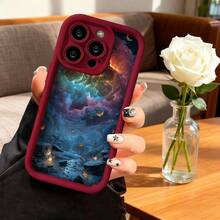 Cubierta de telefono con borde negro diseño de galaxia y mariposas multicolor para iPhone 14 Pro Max protector de pantalla resistente a golpes estilo espacial ideal para uso diario y viajes - Negro - Ver 4
