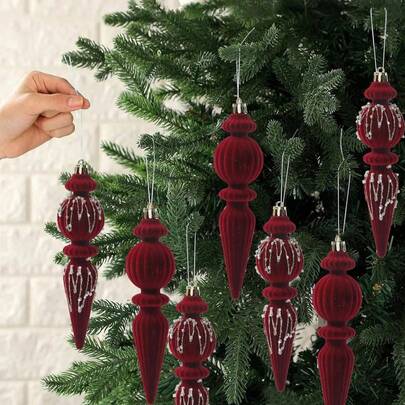 12 件套 - 7 英寸天鹅绒圣诞装饰品，7 种颜色可选，带挂环的纹理圣诞树装饰品，防碎，家居装饰的完美之选，适用于圣诞节、婚礼和节日家居装饰（酒红色）圣诞装饰 家居圣诞礼物 圣诞装饰