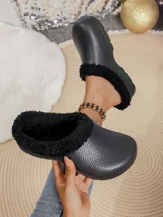 女士休闲柔软抓绒纯色透气保暖套脚拖鞋，防滑速干，冬季舒适