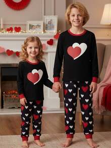 Valentines Day Matching Family Pajamas Set Stylish Love Heart Pattern Family Matching Outfits - 黑色 - 查看 5