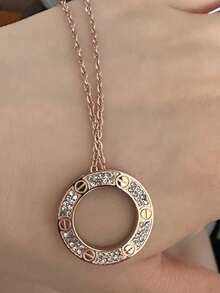 1pc European & American Style Fashionable Round Zirconia Copper Necklace For Women, Creative & Elegant Design - Vàng - Xem 4