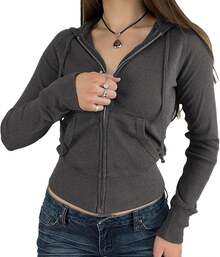 Sudadera con capucha y cremallera para mujer, de manga larga, corte ajustado, de punto acanalado, con bolsillos, chaqueta y abrigo - Gris Oscuro - Ver 4