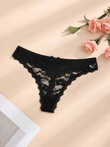 4pcs/Pack Women's Black & White Sexy Lace Patchwork Butterfly Thong Panties, Seamless & Stretchy - Black and White - View 9