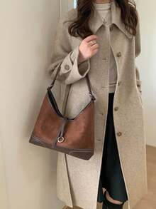 1个秋冬季麂皮手提包，大容量休闲单肩包，仿麂皮肩带手提包，新月形多功能通勤包 - 咖啡棕 - 查看 5