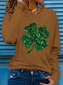 2025[St. Patrick's Day T-Shirt] Women's St. Patrick's Day Four-Leaf Clover Graphic T-Shirt - White Top With Green Glitter Print, Crew Neck Long Sleeve Shirt For Irish Parties, Everyday Fits - Machine Washable Casual Blouse, Seasonal Fashion, Playful Design, Durable Construction, Holiday Apparel, Party GoersSoft And Breathableoversized Hoodie, Sweatshirt 2025 - 白色 - 查看 7