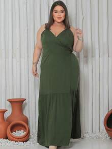 Long Wrap Dress With Thin Straps Made Of Smooth Viscose Linen. - 軍綠色 - 查看 2