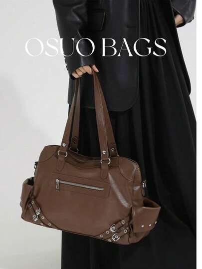 Vintage Large Capacity PU Leather Multi-Pocket Rivet Women's Shoulder Bag, Motorcycle Bag With Zipper Decor, Retro Style For Commuting And Daily Work, Tote Bag