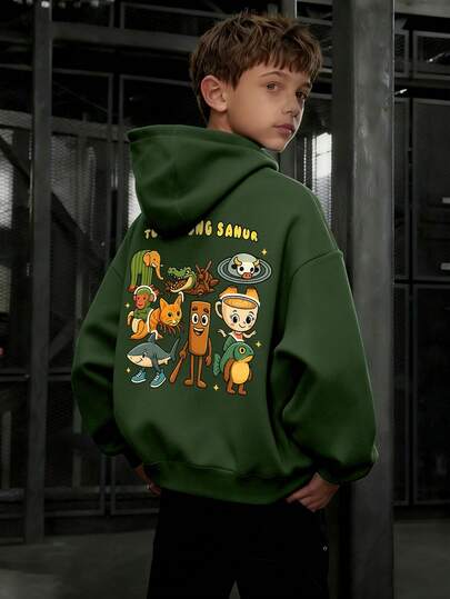 1pc Tween Boy Casual Printed Pullover Sweatshirt, Thermal Lined, Long Sleeve, Autumn/Winter