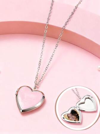 1pc Girls' Creative Heart-Shaped Openable Photo Frame Pendant Necklace, Suitable For Daily Wear, Festivals, Parties, Birthdays, Christmas, New Year Gifts