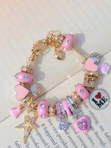 1条星形爱心吊坠手链，可爱风格“爱自己”标语手链，可调节粉色爱心DIY手链 - 金色 - 查看 6