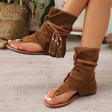 Women's Brown Boots 2024 New Retro Round Toe Tube Boots Fashionable And Versatile Thong Tassel Roman High Top Shoes - Brown - View 3