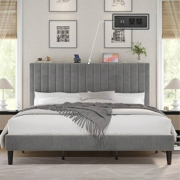 Merluxy Full/King Size Velvet Upholstered Platform Bed Frame With Channel Tufted Headboard, Elegant Mattress Foundation With Wood Slats, Noise-Free Design, No Box Spring Needed