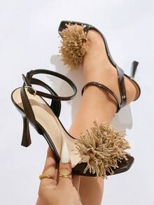 Women's High Heel Shoes With 3D Coral Flower Decor, Square Toe, Electroplated Black Slim High Heel, Solid Color, Glossy Texture, Comfortable Material, Spring/Summer, Suitable For Night Club, Party, Travel, Shopping, Gathering, Runway, Banquet, Elegant, Sexy, Avant-Garde, Luxurious, Coffee Brown, Elegant High Heel Sandals - Coffee Brown - View 3