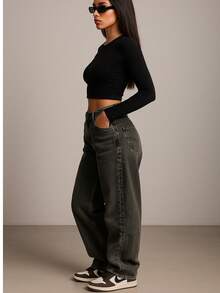 Women's Stonewashed Baggy Balloon Jeans, Wide Leg, Straight Cut, Black - Rửa tối - Xem 1
