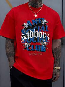 Gothic And Bold 'Anti Social Sadboyz Social Club' Graphic With Winged Cherubs Symbolizes Belonging In Alternative Cultures Men T Shirt 100% Cotton - 紅色 - 查看 8