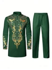 Conjunto De 2 Piezas Para Hombre: Camisa De Manga Larga Con Cuello Estampado Metalizado Y Pantalones Largos De Color Liso. - 綠色 - 查看 1