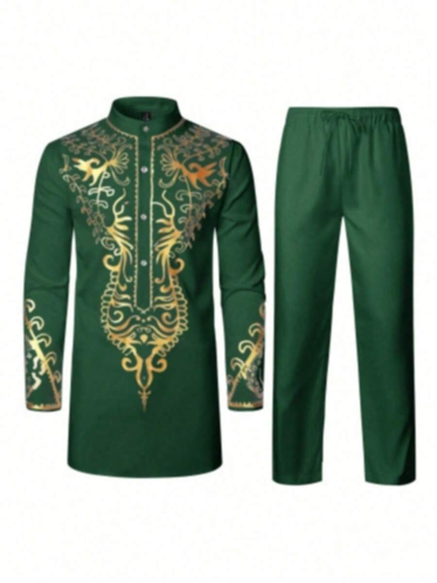 Conjunto De 2 Piezas Para Hombre: Camisa De Manga Larga Con Cuello Estampado Metalizado Y Pantalones Largos De Color Liso. - 綠色 - 查看 1