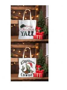 Bolso de compras con estampado de botas y sombreros de vaquero de Navidad y sombreros de Papá Noel, impresión doble cara, bolso de estilo academia de vaqueros, diseño de dibujos animados, regalo de otoño y Acción de Gracias, bolso de la compra, adecuado para el hogar, ir y venir, vacaciones, escuela, regalos, 16in*14in