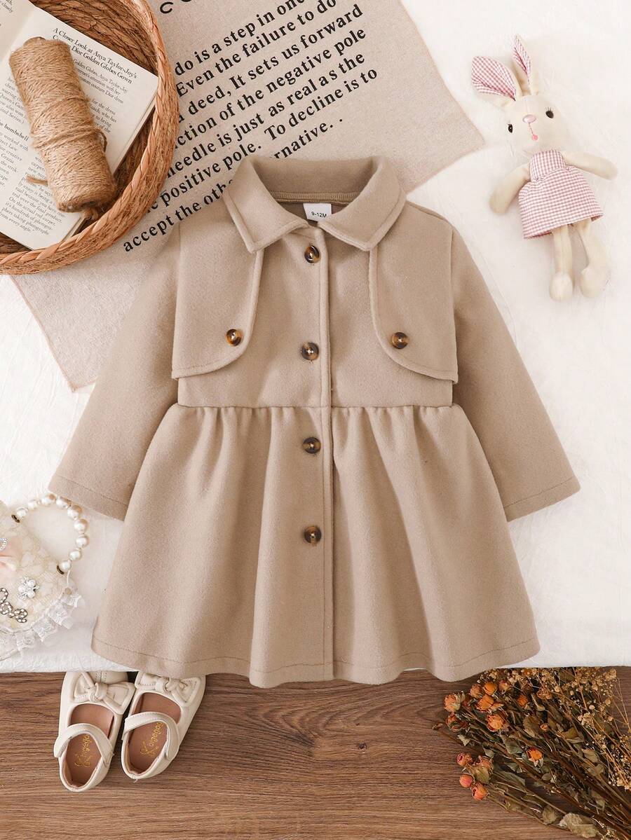 这款时尚简约百搭的A字中长款女婴外套，翻领设计，适合外出、上学、休闲、婚礼和派对等场合。 - 杏色 - 查看 1