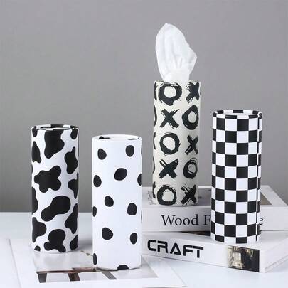 4/2/1pc Classic Black & White Cow Pattern Car Tissue Box, Fashionable Cylindrical Tissue Holder, Portable Round Travel Tissue Box, Includes 40 Tissues, Suitable For Car, Home And Office, Decorative Tissue Holder