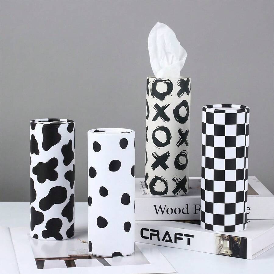 4/2/1 pieza Caja de pañuelos de coche clásica en blanco y negro con patrón de vaca, contenedor de pañuelos de coche con diseño cilíndrico elegante, dispensador de pañuelos de viaje portátil y redondo con 40 pañuelos faciales para ajuste universal en automóvil, hogar y oficina, paquete de pañuelos decorativos - Multicolor - Ver 1