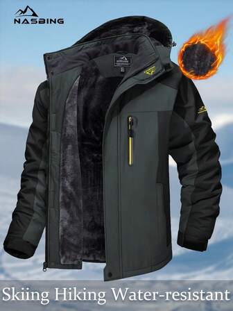 NASBING Chaqueta de esquí de invierno para hombres, resistente al agua, a prueba de viento, con forro térmico, con capucha, 4 bolsillos, para senderismo, camping, escalada y esquí