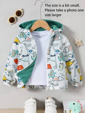 Young Boys Cartoon Print Zip-Up Hooded Jacket, Long Sleeve Casual Thermal Lined Outerwear, Autumn/Winter