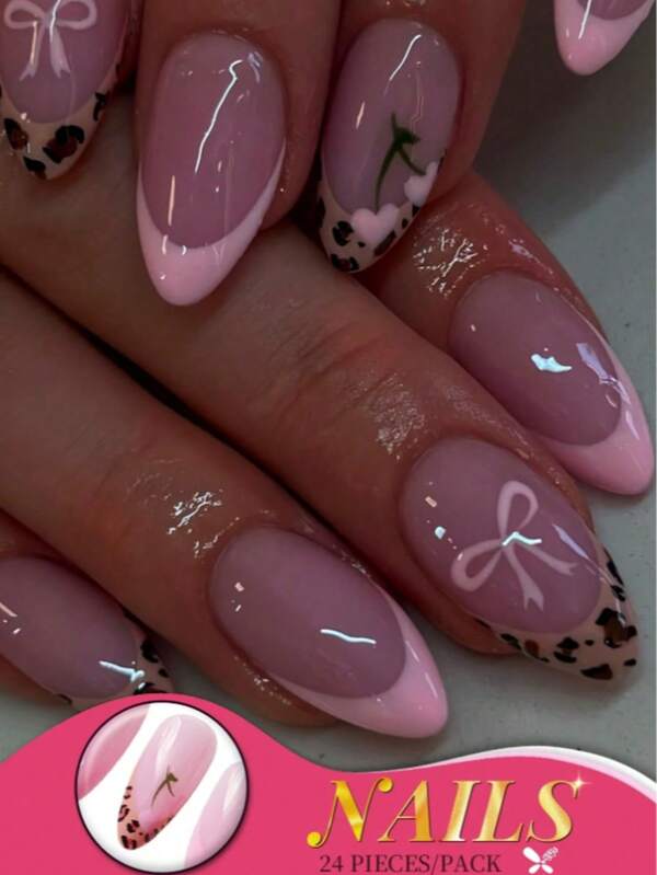24Pcs Medium Almond Pink French Tip Leopard Bow Press On Nails, Y2K Cute Fake Nails, Reusable Stick On Nail Tips For Girls, Sweet Chic Art Design, Includes Nail File & Jelly Glue Nail Supplies Nails