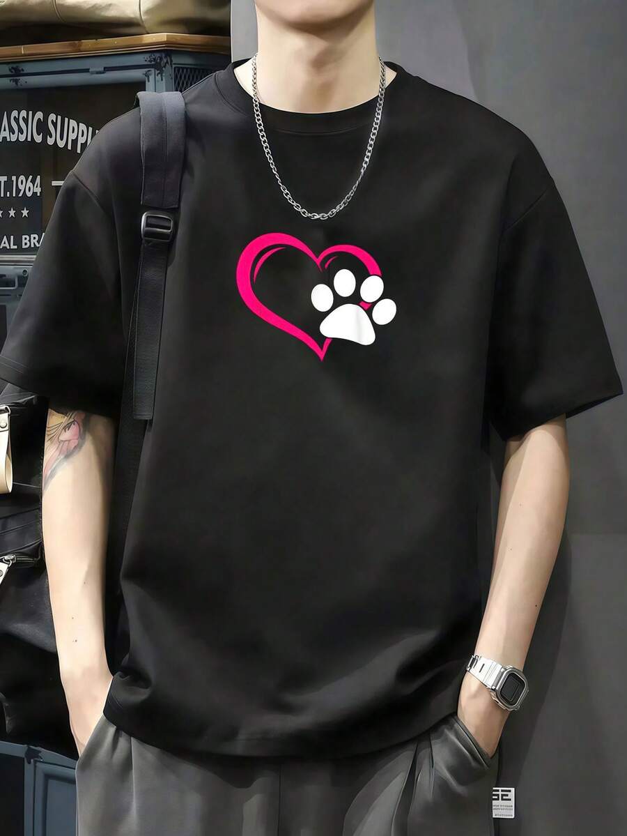 Bonita camiseta con corazón y pata de gato Amo a mi perro. Camiseta de manga corta de algodón de 220 g, impresión por una cara - Negro - Ver 1
