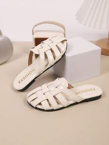 儿童休闲户外舒适个性化防滑耐磨平底圆头拖鞋，儿童沙滩度假拖鞋 - 米色 - 查看 4