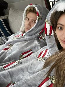 Couples Pajamas, Funny Couples Hooded Pajamas, Oversized Flannel Loungewear Hoodie With Pockets - Grey - View 5