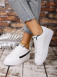 Women's White Sneakers, Casual Thick Sole Platform Shoes, Non-Slip Increase Height Leather Upper Student Shoes - White - View 5