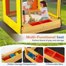 Kids Wooden Sandbox W/ Canopy Sand Pit W/ Windows & Curtains Bench & Storage - 彩色 - 查看 7