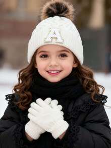 2件套儿童婴儿26字母针织帽和手套套装，柔软毛球装饰，保暖舒适，适合女孩秋冬季校园/户外活动穿着，适合3-8岁儿童。 - 白色 - 查看 3