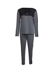 2pcs Casual Color Block Long Sleeve Zip-Up T-Shirt And Pants Set Spring - Dark Grey - View 3