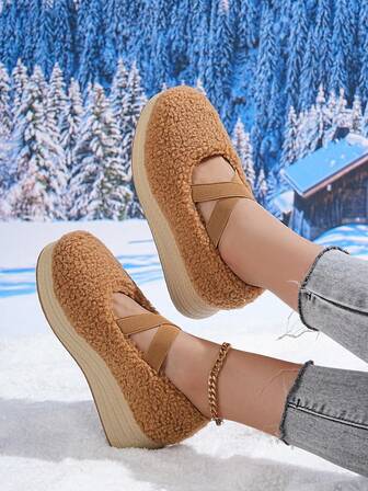 Damskor i kamelfärgad fårskinnsimitation med korsrem, klassiska platåskor med tjock sula, varmt foder för höst/vinter, lämpliga för hem, utomhus, skola, casual, minimalistiska outfits