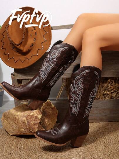 FVPFVP Carolo Western Cowgirl Boots, Women's Tall Boots, 2025 Spring Autumn New Vintage Embroidery Desert High Shaft Riding Boots