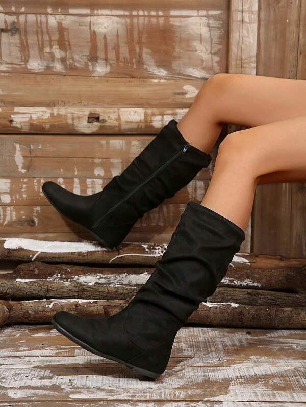 Vintage Round Toe Stacked Heel Knee High Boots, Retro Knight Style Increased Height Mid-Calf Boots For Women