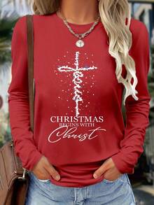 Women's Christian Christmas T-Shirt-"Christmas Begins With Christ" Long Sleeve Top With Cross And Bible Verse Print, Soft Blended Fabric, Breathable Round Neck Design, Suitable For Leisure And Office Occasions, Machine Washable Faith Theme Clothing, Suitable For Church Activities And Daily Wear, Festival Shiny Cross Pattern, Loose Design, Suitable For All Seasons, Multi-Functional Holiday Dress-Women's Long Sleeve T-Shirt-Holiday Print Closing - Red - View 7