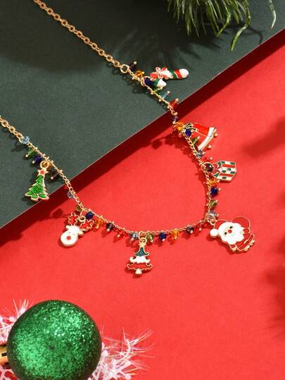 قلادة زجاجية ملونة بتعليقات قطعة واحدة مع بابا نويل وشجرة عيد الميلاد وجرس الرنة وقلادة سكر القصب، مجموعة مجوهرات مناسبة للمراهقين لارتدائها خلال عيد الميلاد وكهدية عطلة للعائلة والأصدقاء
