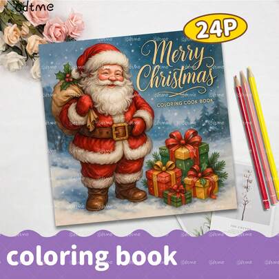 GDTME Libro para colorear de 24 páginas con tema navideño: papel perla talla grande grueso de 120g, impresión de un solo lado, líneas claras, tema navideño, alivio del estrés, regalo ideal para Halloween, Navidad, Año Nuevo, calcetín navideño, K-Pop, decoración del hogar, 7.9x7.9 pulgadas