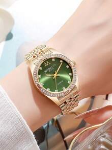 1pc Luxury Rhinestone Inlaid Steel Band Quartz Wrist Watch, Minimalist & Elegant Ladies Watch - Gold - View 5