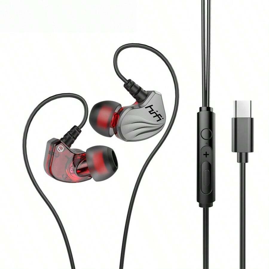 Type-C Wired Music Earphones & Headphones With Heavy Bass For Gaming On Mobile For Sports - 黑色 - 查看 1