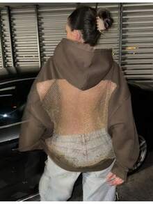 2025 Autumn-Winter New Women's Fashion Solid Color Backless Openwork Mesh Hooded Sweatshirt, Casual Fashion Long-Sleeved Sweatshirt, Christmas And Halloween Gift - 棕色 - 查看 2