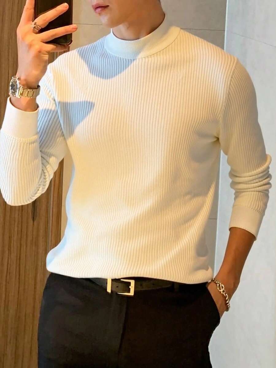 Men's Ribbed Turtleneck Long Sleeve Knitted Sweater, Suitable For Casual Daily And Commute , Fall