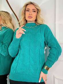 Women's Braided Knit Blouse With High Neck, Soft Knit Sweater, Casual Autumn/Winter Fashion - 青色 - 查看 1