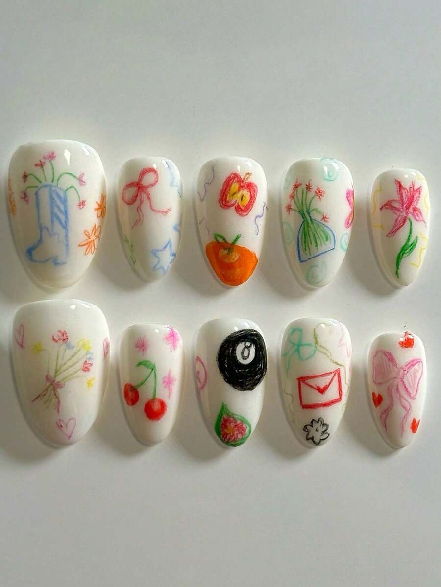 10 sztuk krótkich, prasowanych paznokci w kształcie migdałów, zabawne, dziecięce, ręcznie rysowane graffiti w stylu Y2K. Wzór zawiera kwiatowe kompozycje z butów i kokardę. Jabłko. Kwiaty i rośliny. Wiśnia. Bilard. Koperty itp., odpowiednie dla pracowników biurowych, studentów, imprezowiczek oraz produktów do paznokci na każdą porę roku. W zestawie 1 klej galaretkowy i 1 pilnik do paznokci.