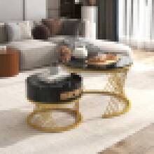 2-In-1 Round MDF Coffee Table, Side Table With Wood Top And Plastic Rattan Drawers, Solid Wood Handles, Gold Iron Legs. 70*70*45.5+50*50*38.5 - Black + MDF - View 7