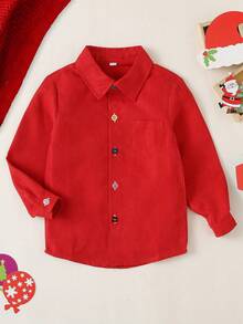 男童长袖红领单排扣休闲衬衫，秋冬季百搭小男孩衬衫，圣诞节