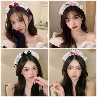 1pc Women's Multi-Color Ruffle Bow 3D Headband, French Maid Style Cosplay Costume Party Accessory, Sweet & Cute Lace Headpiece For Girls